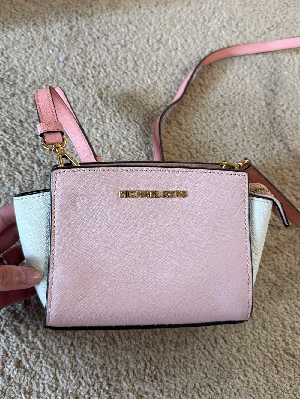 Michael Kors Pink and White Mini Crossbody with Gold Logo